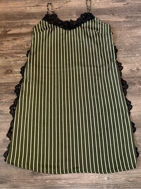 SHEIN Olive Green & White Striped Lace-Trim Slip Dress